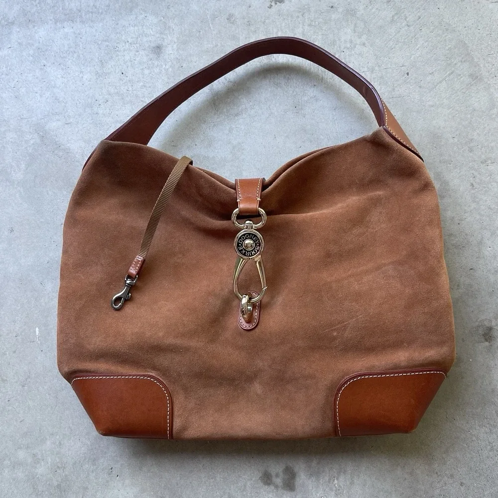 Dooney And Bourke Logo‎ Lock Shoulder Bag Brown Suede Purse